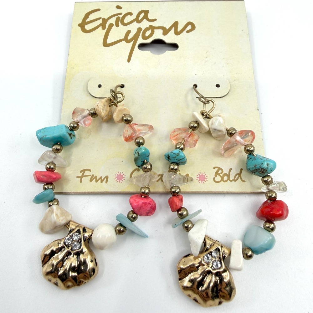 Erica Lyons Multi-Stone Turquoise Dangle Earring Gold Tone Shell Statement Fun